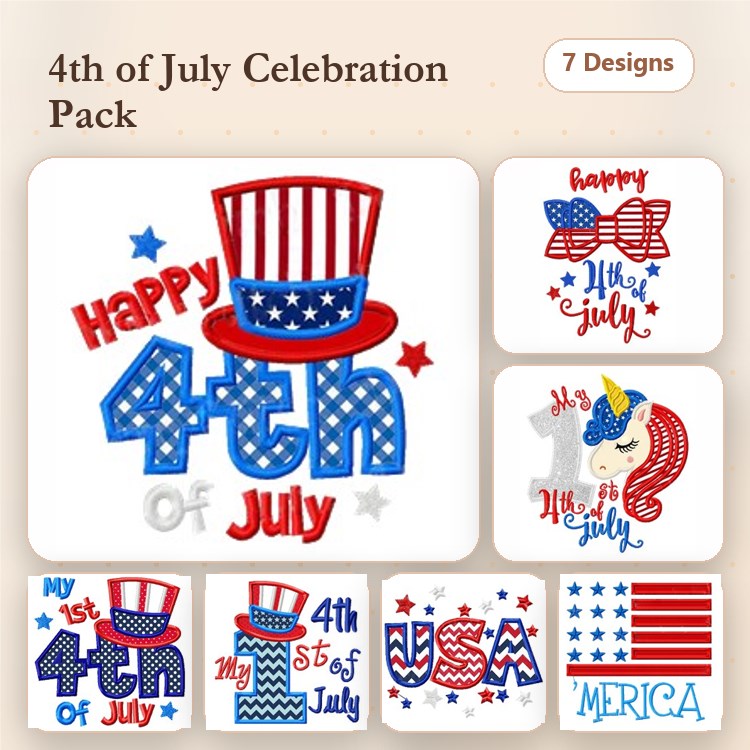 Applique 4th of July Decorations Embroidery Designs Bundle – Happy 4th of July, Uncle Sam with Flag, MERICA & More (7 Designs)