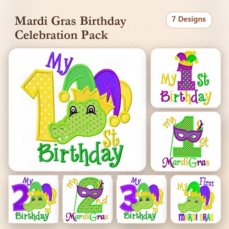 Applique Mardi Gras Birthday Celebrations Embroidery Designs Bundle – My 1st Birthday with Alligator, My 2nd Birthday with Mask, & More (7 Designs)
