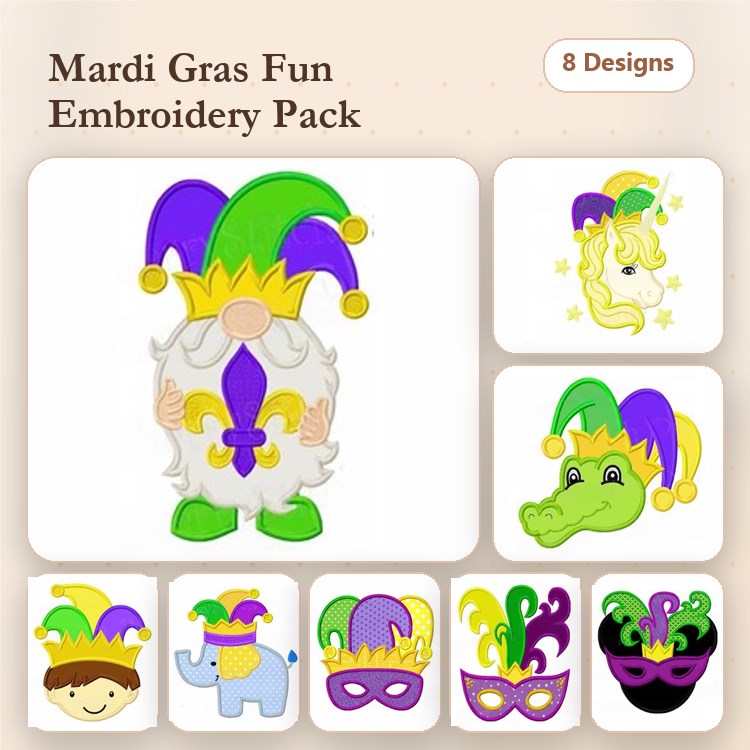 Applique Mardi Gras Embroidery Designs Bundle – Gnome, Alligator, Mask with Feathers & More (8 Designs)