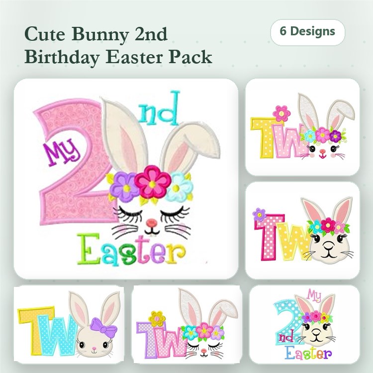 Applique Cute Bunny Embroidery Bundle – My 2nd Easter, 2nd Birthday Bunny, Easter Bunny with Flowers & More (6 Designs)