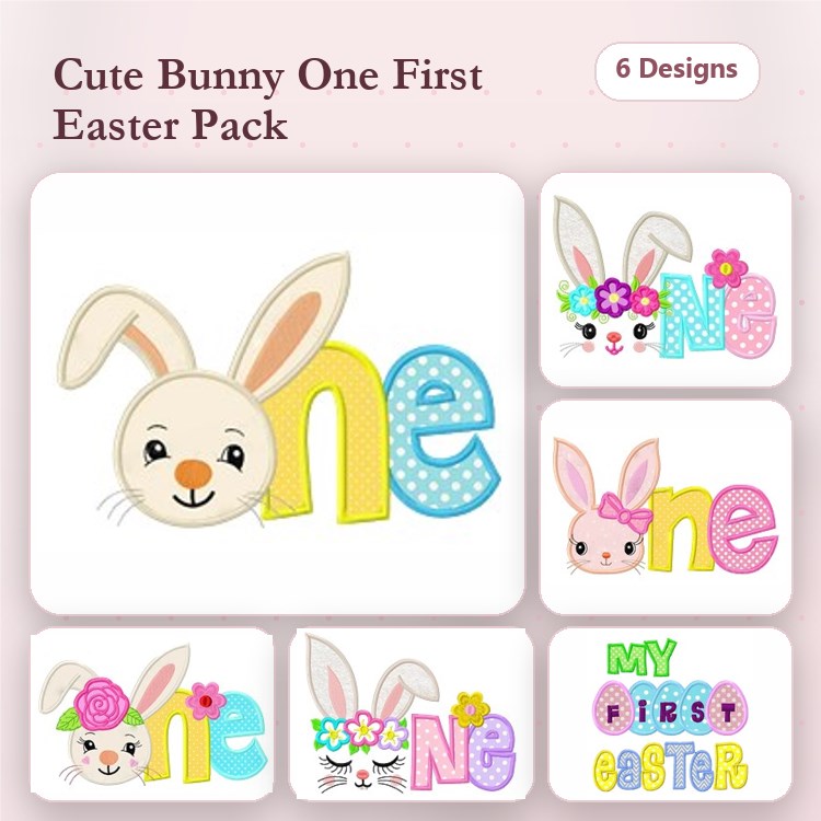 Applique Easter Bunny Embroidery Bundle – Bunny with Flowers, Cute Bunny with Number One & More (6 Designs)