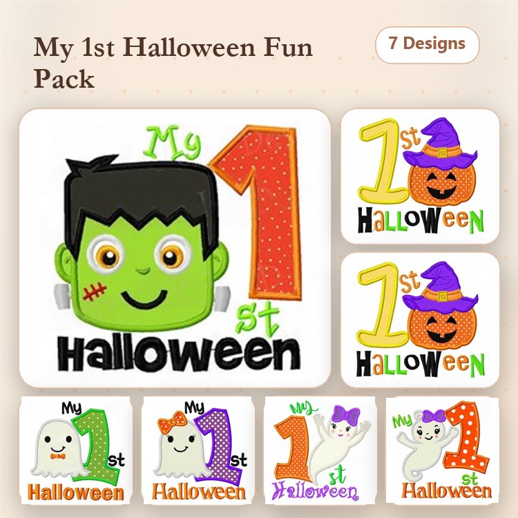 Applique Halloween Embroidery Designs Bundle – Frankenstein Face, Pumpkin with Hat, Ghosts & More (7 Designs)