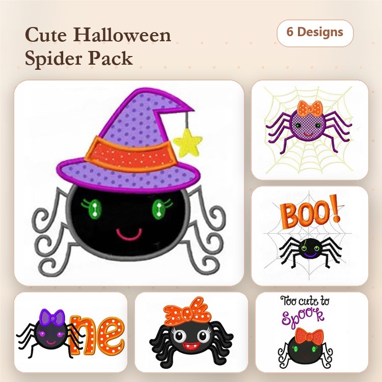 Applique Halloween Spiders Embroidery Designs Bundle – Spider with Witch Hat, Boo Spider, Cute Spider with Bow & More (6 Designs)