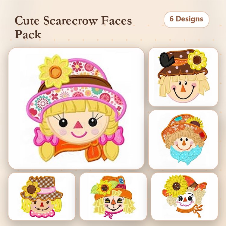 Applique Cute Scarecrow Faces Embroidery Bundle – Girl with Flower, Boy with Brown Hat, Happy Scarecrow & More (6 Designs)