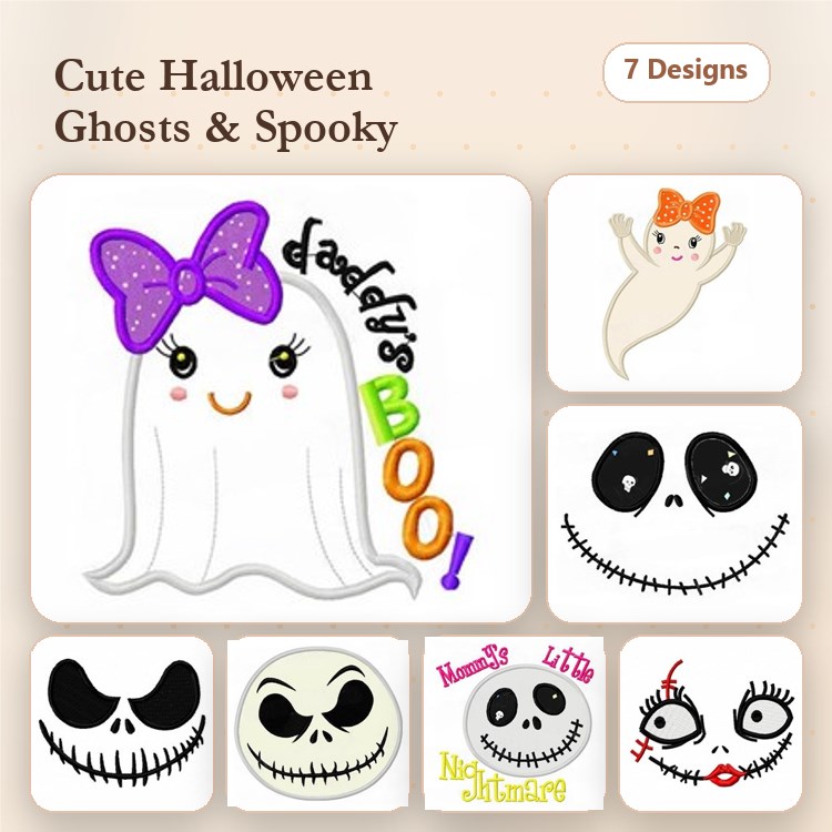Applique Cute Halloween Ghosts Embroidery Designs Bundle – Cute Ghost with Bow, Spooky Ghost, Jack Skellington Face & More (7 Designs)