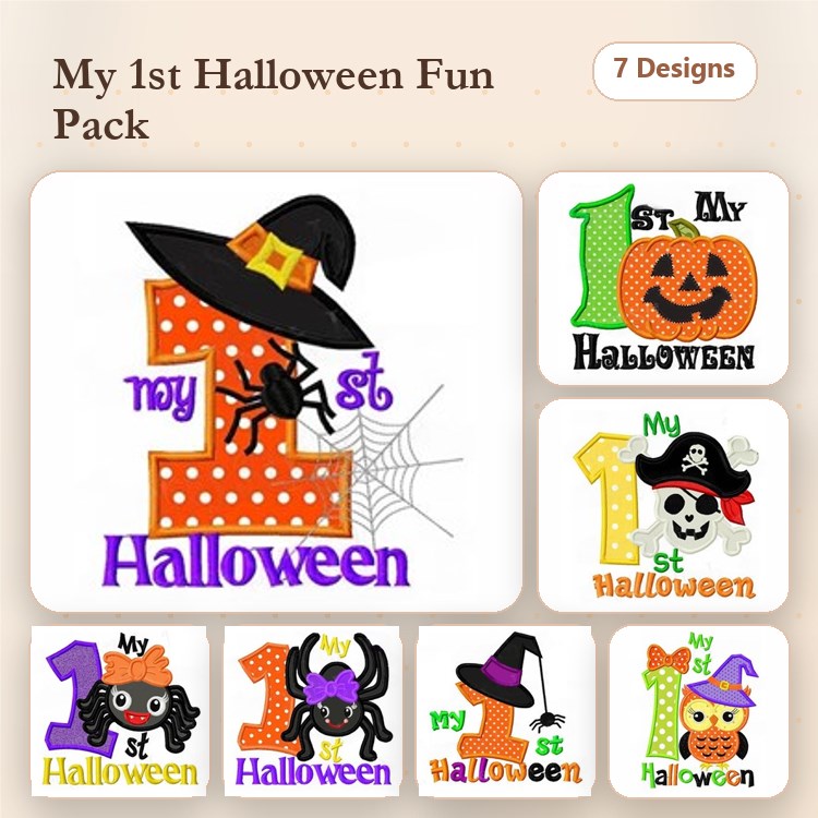 Applique Halloween Embroidery Designs Bundle – Number 1 with Witch Hat, Pumpkin, Pirate Skull & More (7 Designs)