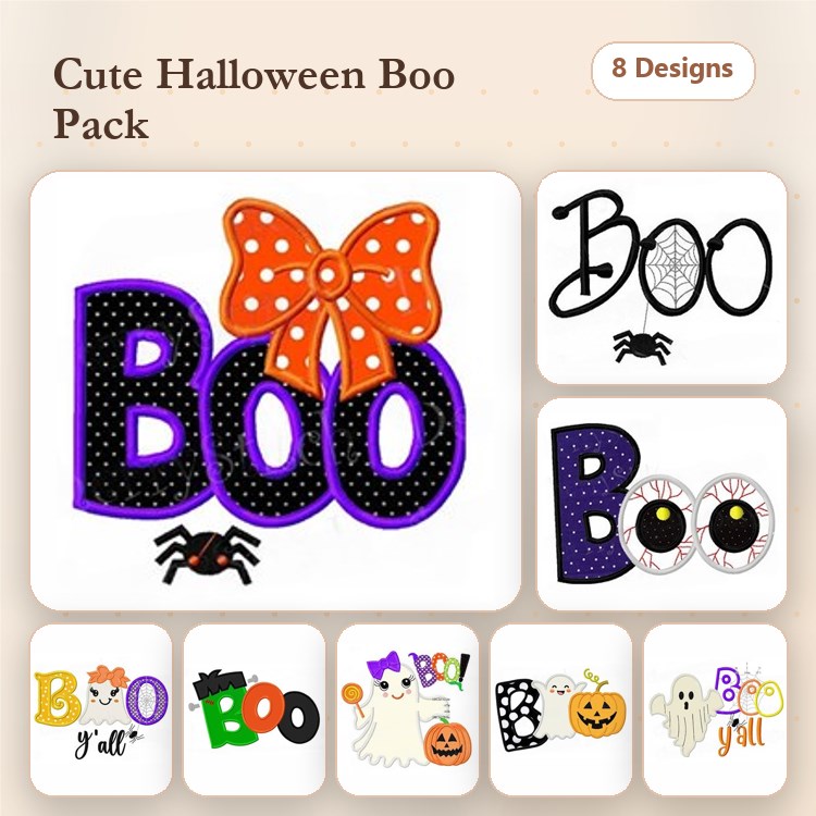 Applique Halloween Embroidery Designs Bundle – Boo with Bow, Ghost with Pumpkin, Boo with Spider & More (8 Designs)
