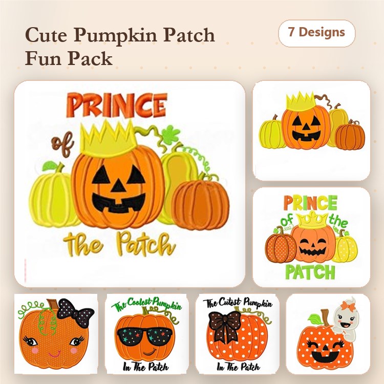 Applique Pumpkin Patch Embroidery Bundle – Prince of the Patch, Happy Pumpkin with Bow & More (7 Designs)