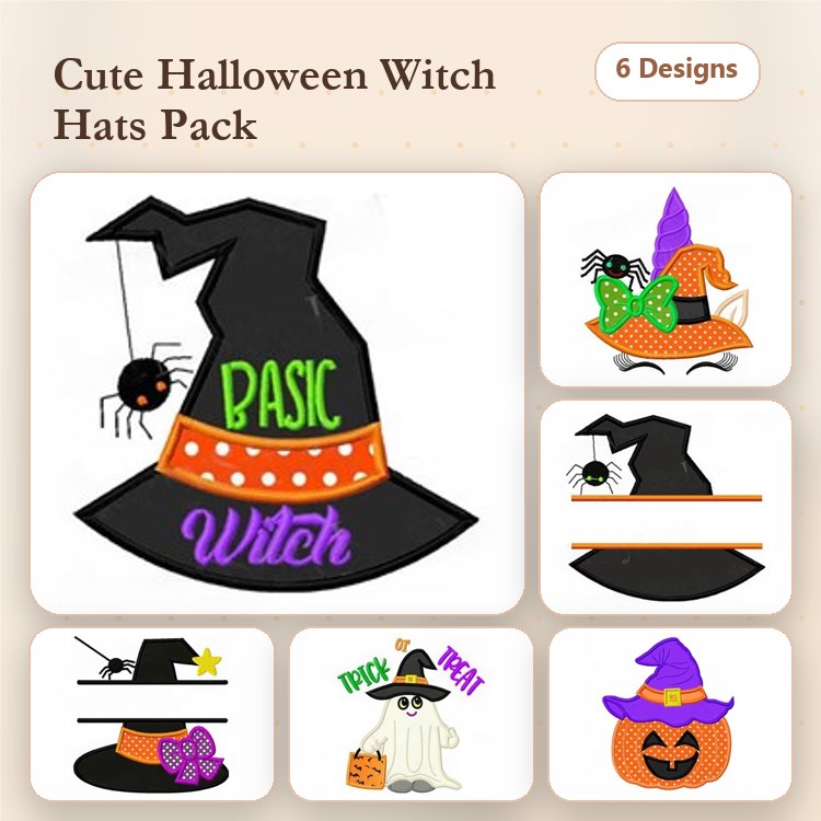 Applique Halloween Witch Hats Embroidery Bundle – Basic Hat with Spider, Purple Bow, Pumpkin & More (6 Designs)