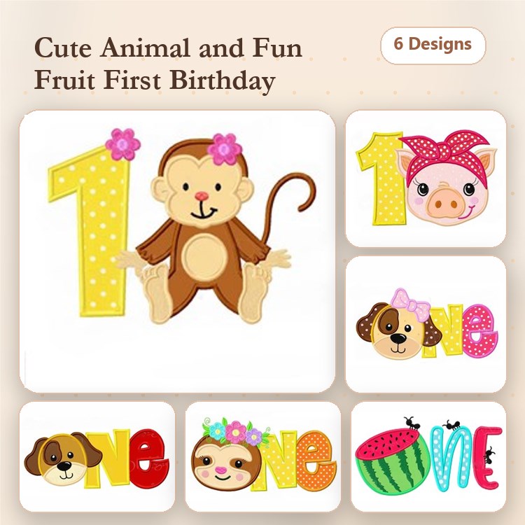 Applique First Birthday Animal & Fruit Embroidery Designs Bundle – Monkey with Flowers, Pig with Bow, & More (6 Designs)