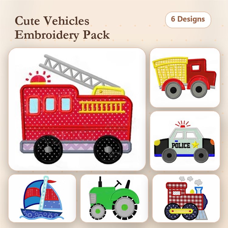 Applique Cute Vehicles Embroidery Bundle – Fire Truck, Police Car, Tractor & More (6 Designs)