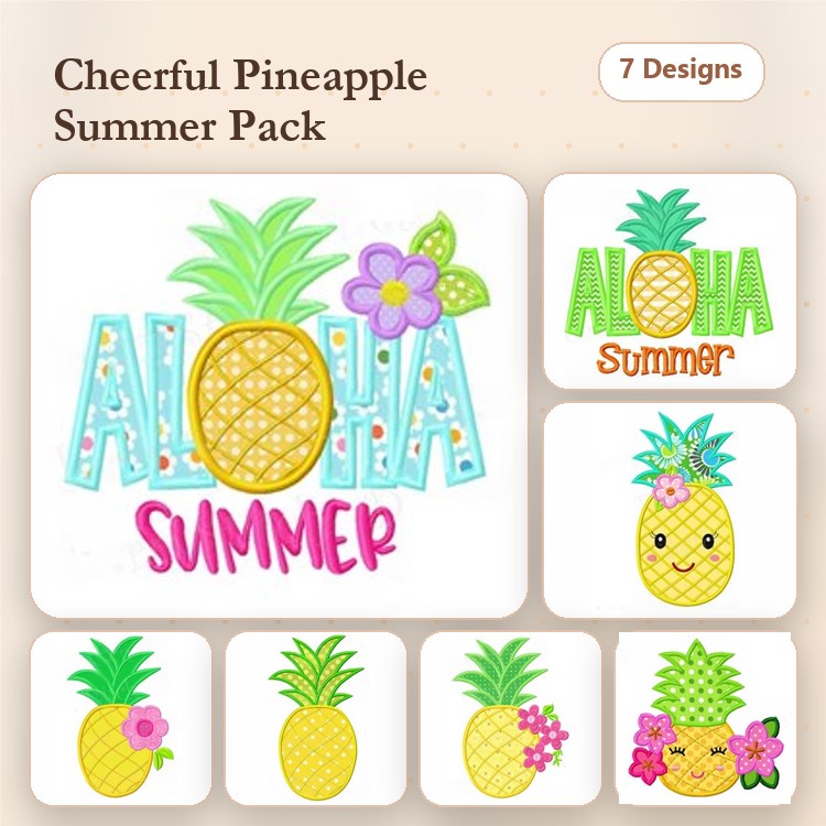 Applique Pineapple Summer Embroidery Designs Bundle – Aloha Summer Text, Pineapple with Flowers, & More (7 Designs)