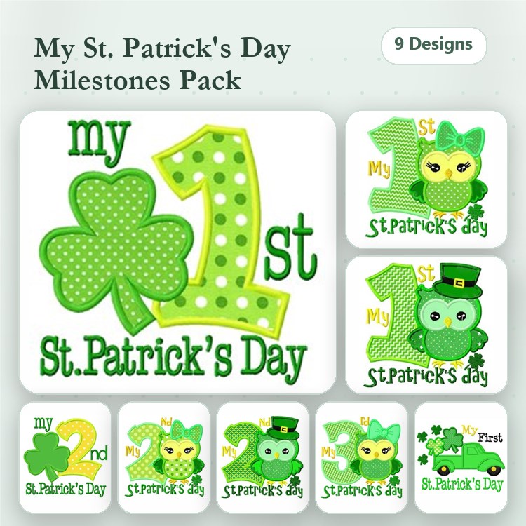 Applique St. Patrick's Day Milestones Embroidery Designs Bundle – My 1st St. Patrick's Day, Owl with Shamrock & More (9 Designs)