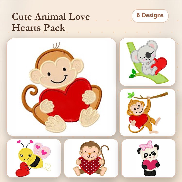 Applique Animal Love Embroidery Bundle – Monkey with Heart, Koala with Heart, Bee with Heart & More (6 Designs)