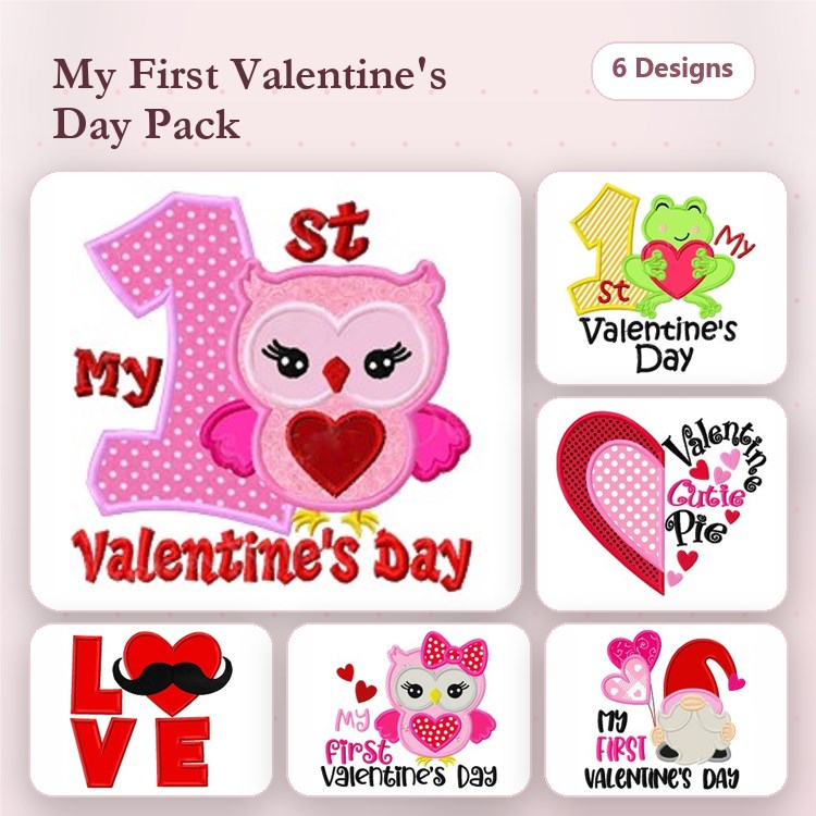 Applique Valentine's Day Embroidery Designs Bundle – Owl with Heart, Love, 1st Valentine's Day & More (6 Designs)