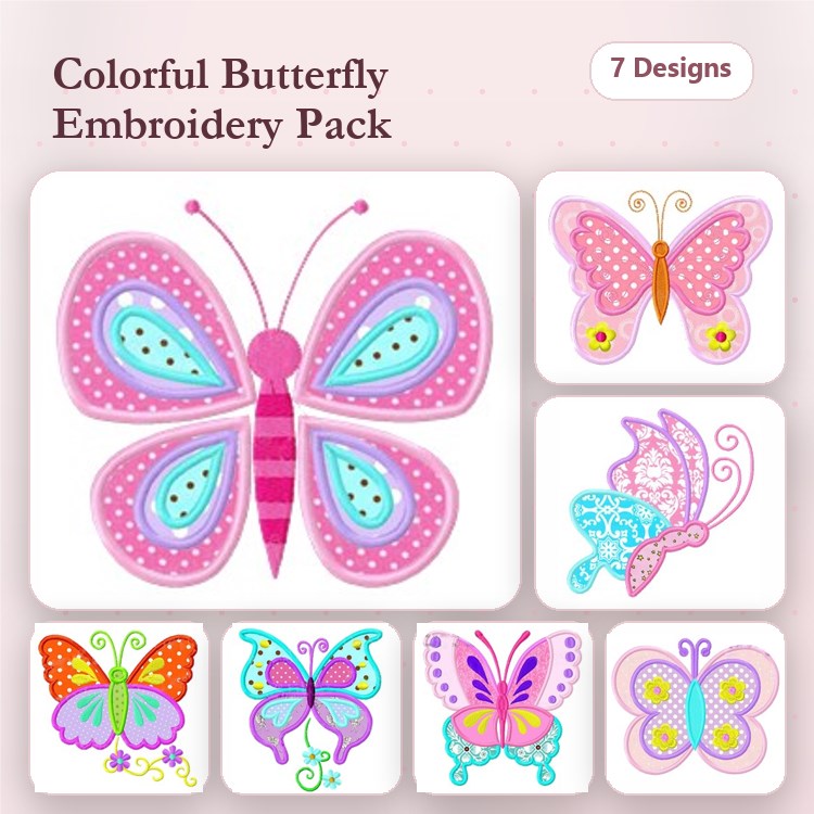 Applique Colorful Butterflies Embroidery Bundle – Pink Butterfly with Dots, Blue Butterfly with Patterns, Floral Butterfly & More (7 Designs)