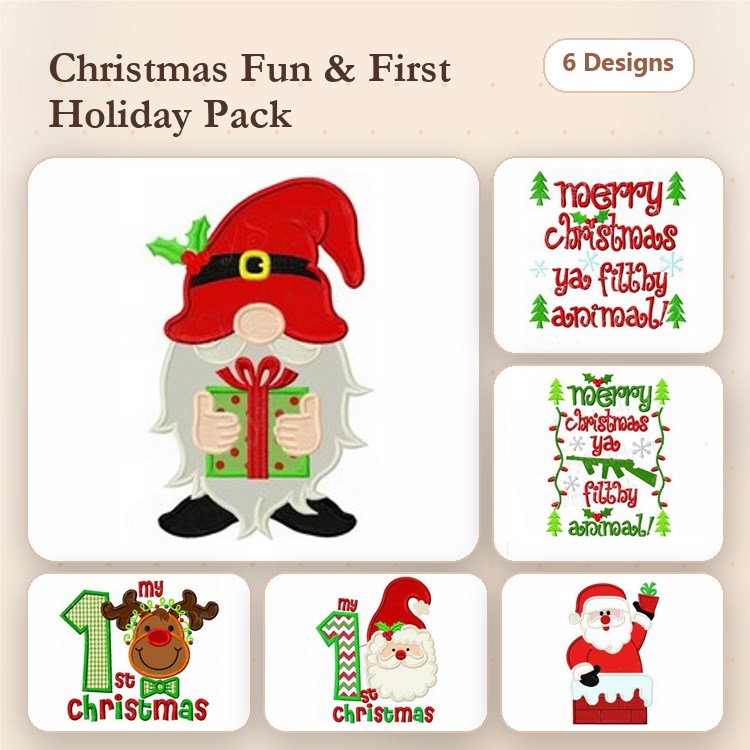 Applique Christmas-Themed Embroidery Designs Bundle – Santa with Gift, 1st Christmas Reindeer, Merry Christmas Ya Filthy Animal & More (6 Designs)