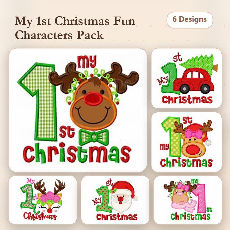 Applique Christmas Character Embroidery Bundle – Reindeer with Bow, Christmas Tree Car, Santa Face & More (6 Designs)