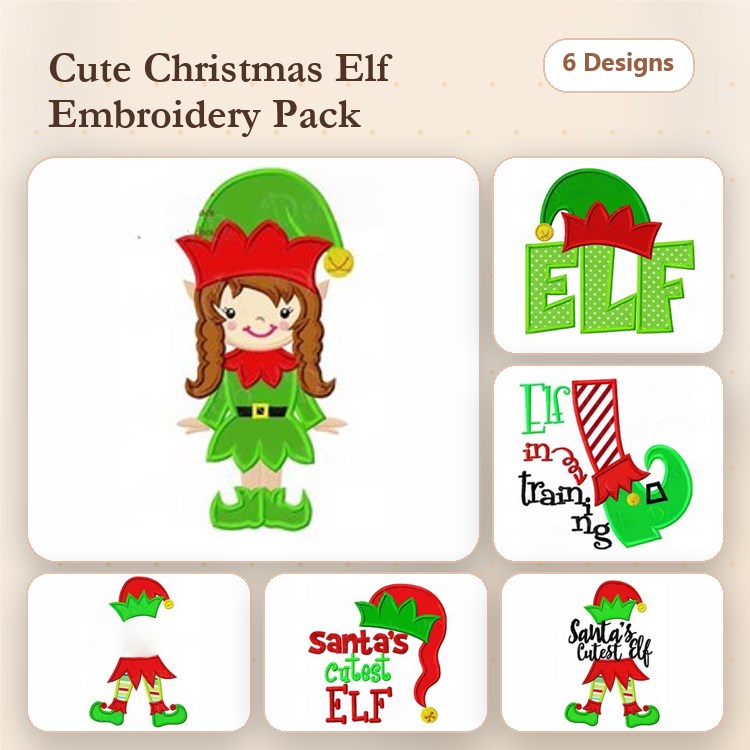 Applique Christmas Elf Embroidery Designs Bundle – Cute Christmas Elf, ELF Text, Santa's Cutest Elf & More (6 Designs)