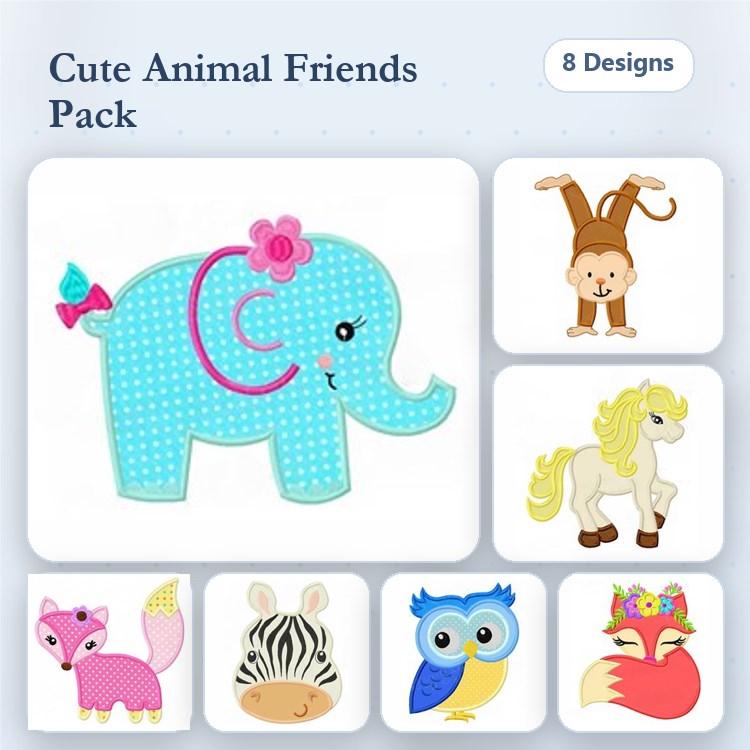 Applique Cute Animal Embroidery Bundle – Elephant with Flower, Monkey Hanging, Horse with Mane & More (8 Designs)