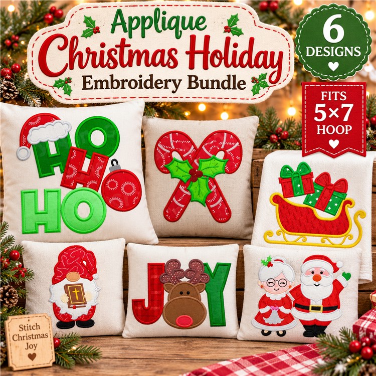 Applique Christmas Holiday Embroidery Bundle – HO HO HO Letters, Santa Face, Reindeer with Nose & More (6 Designs)