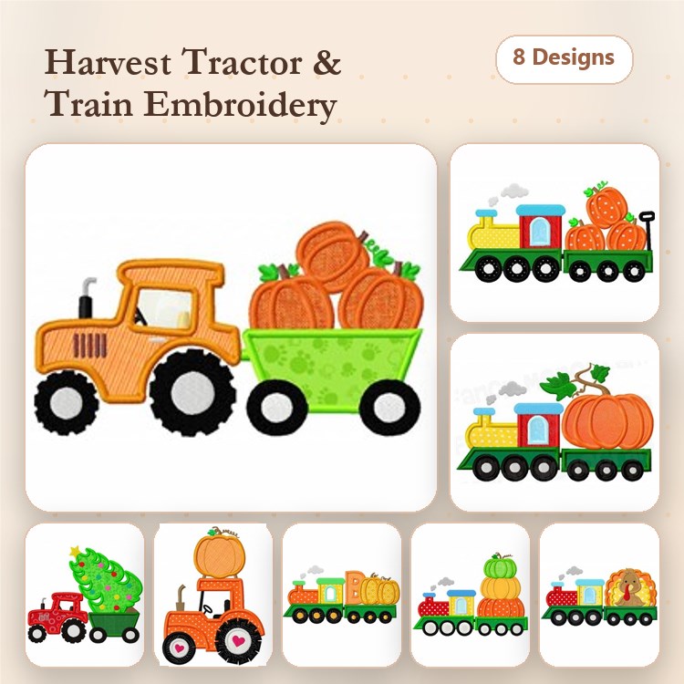 Applique Harvest Tractor & Train Embroidery Designs Bundle – Orange Tractor with Pumpkins, Green Wagon & More (8 Designs)