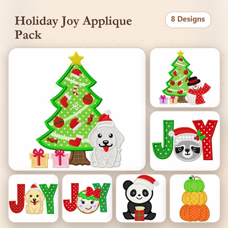 Applique Holiday Animals Embroidery Designs Bundle – Christmas Tree, Labrador Puppy, Joy Letters & More (8 Designs)