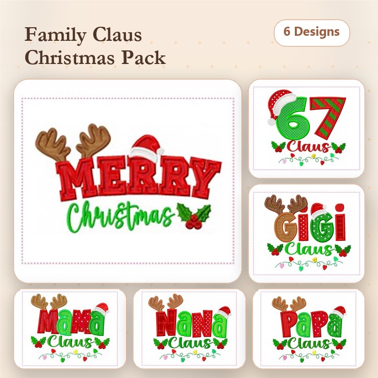 Applique Christmas Family Embroidery Designs Bundle – Merry Christmas with Antlers, Mama Claus, Papa Claus & More (6 Designs)