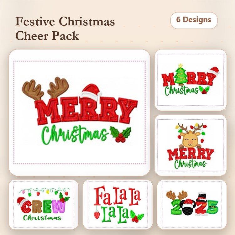 Christmas Embroidery Designs Bundle – Merry Christmas with Reindeer, Christmas Tree, Crew Christmas & More (6 Designs)