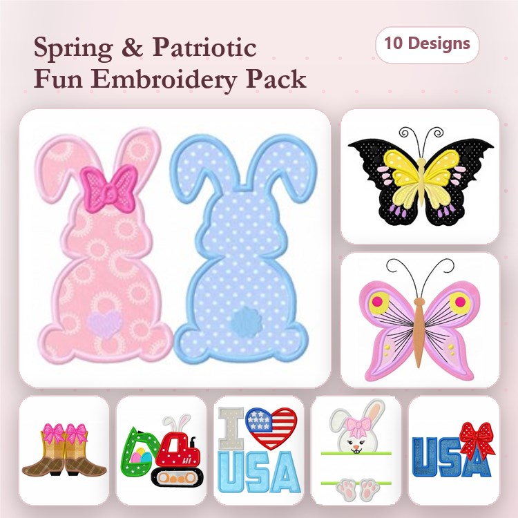 Applique Spring & Patriotic Embroidery Bundle – Cute Bunny Silhouette, I Love USA, Butterfly & More (10 Designs)