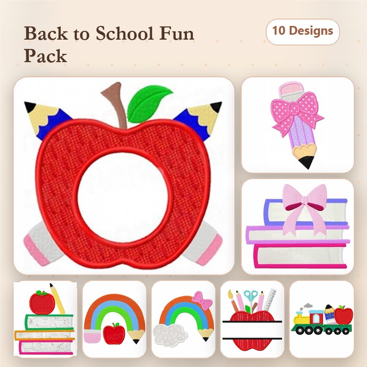 Applique Back to School Embroidery Designs Bundle – Apple with Pencils, Stack of Books, Rainbow & More (10 Designs)