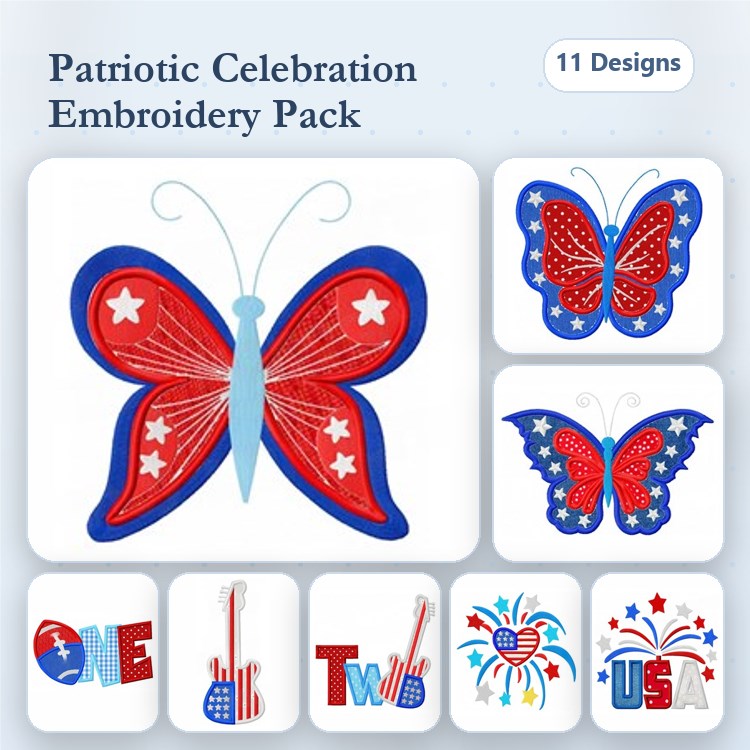 Applique Patriotic Celebration Embroidery Designs Bundle – Red White and Blue Butterfly, Star-Spangled Butterfly, Guitar with Stars & More (11 Designs)
