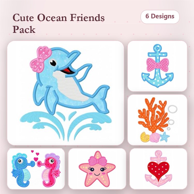 Applique Ocean Animal Embroidery Bundle – Dolphin with Bow, Anchor, Coral Reef & More (6 Designs)