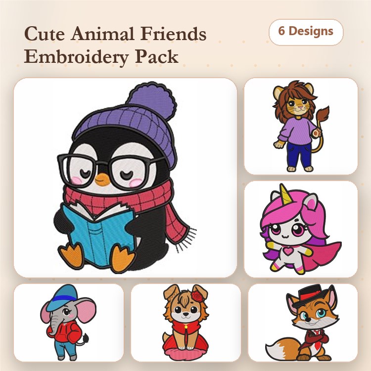 Cute Animal Characters Embroidery Designs Bundle – Reading Penguin, Fox with Hat, Unicorn With Pink Mane & More (6 Designs)