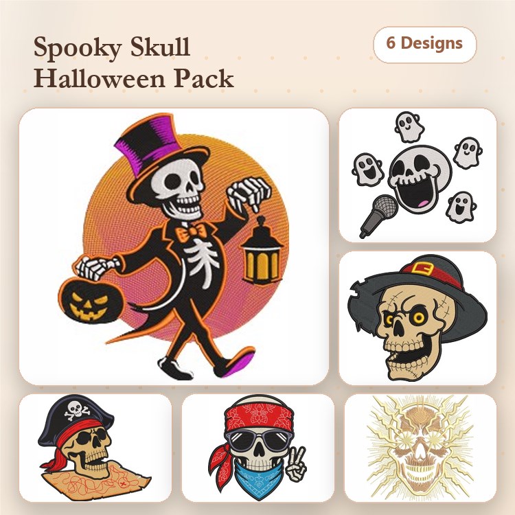 Halloween Skull Embroidery Designs Bundle – Skeleton with Lantern, Pirate Skull, Skull with Bandana & More (6 Designs)