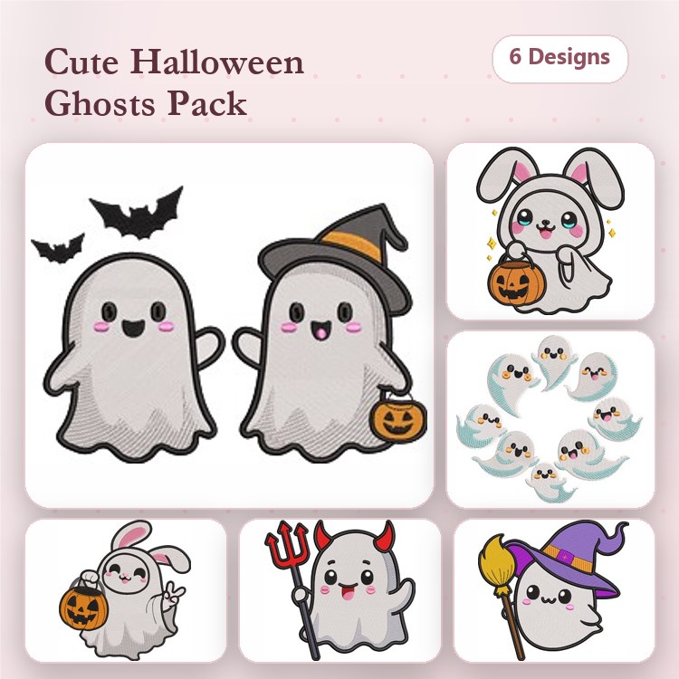 Cute Halloween Ghosts Embroidery Bundle – Ghost with Pumpkin, Ghost with Hat, Rabbit Ghost & More (6 Designs)