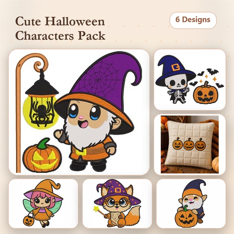 Cute Halloween Characters Embroidery Bundle – Halloween Gnome, Pumpkin Lantern, Skull with Hat & More (6 Designs)