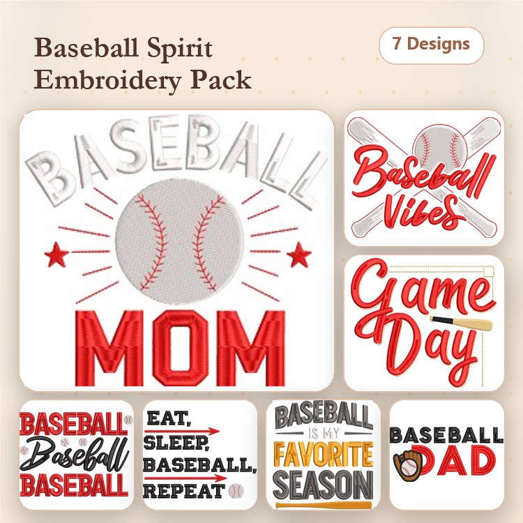 Baseball Embroidery Designs Bundle – Baseball Mom, Baseball Vibes, Game Day & More (7 Designs)