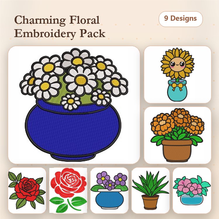 Floral Arrangements Embroidery Designs Bundle – Daisy Bouquet, Sunflower, Red Rose & More (9 Designs)