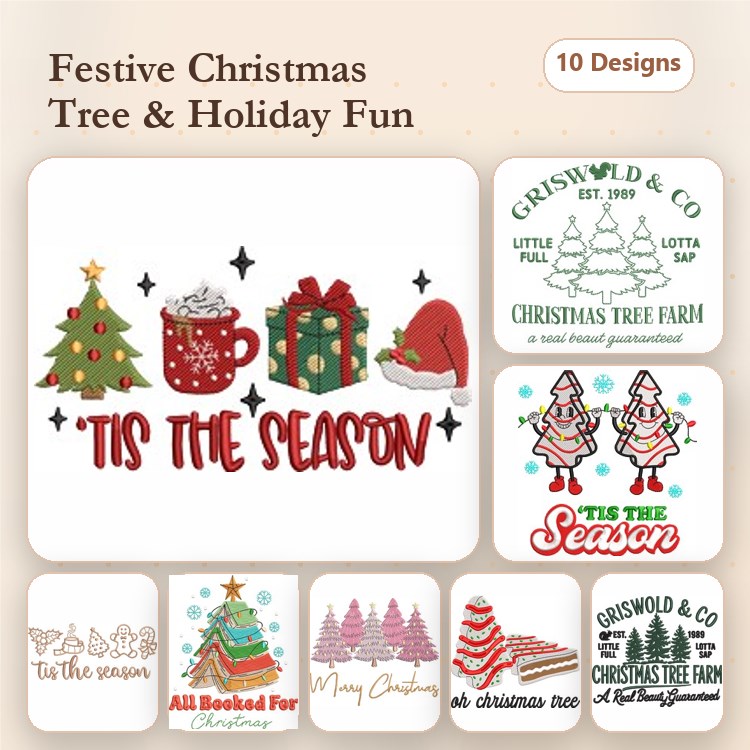 Christmas Embroidery Designs Bundle – Christmas Tree, Holiday Mug, Gift Box & More (10 Designs)