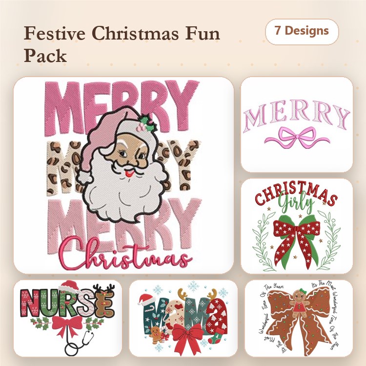 Christmas Characters & Cheer Embroidery Designs Bundle – Merry Santa, Christmas Girly, Merry Text & More (7 Designs)