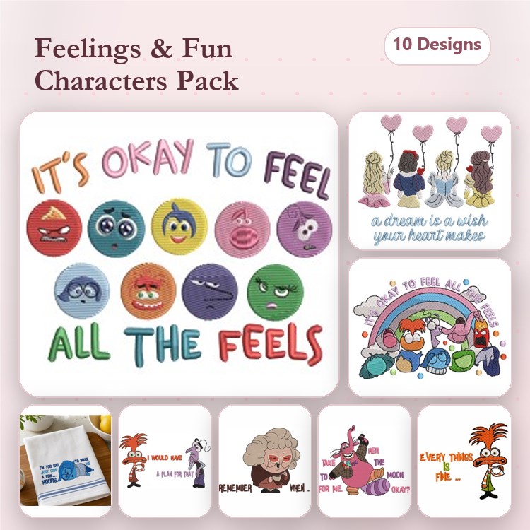 Feelings and Fun Characters Embroidery Designs Bundle – It's Okay To Feel, Happy Face Button, Sad Face Button & More (10 Designs)