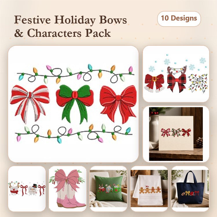 Festive Holiday Bows Embroidery Designs Bundle – Red Holiday Bow, Snowman with Bow, Holiday Gift Bag & More (10 Designs)
