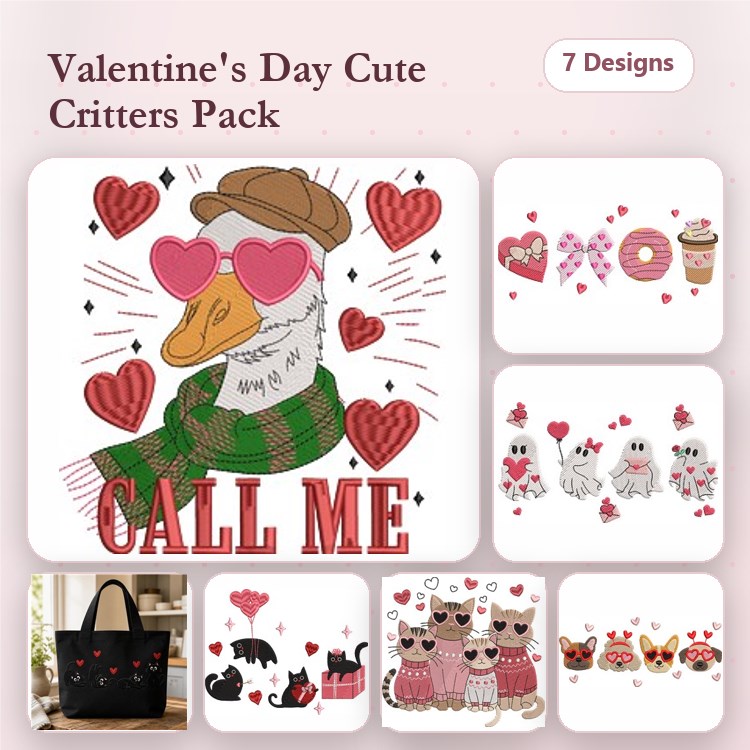 Valentine's Day Critter Embroidery Designs Bundle – Goose with Heart Glasses, Cute Love Birds, Coffee Cup with Hearts & More (7 Designs)