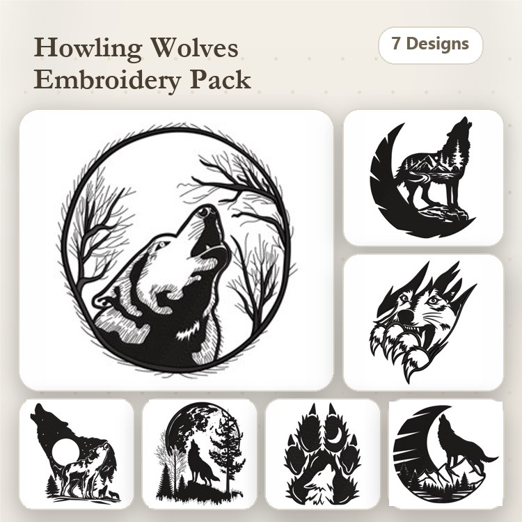 Wolf Embroidery Bundle – Howling & Silhouettes (7 Designs)