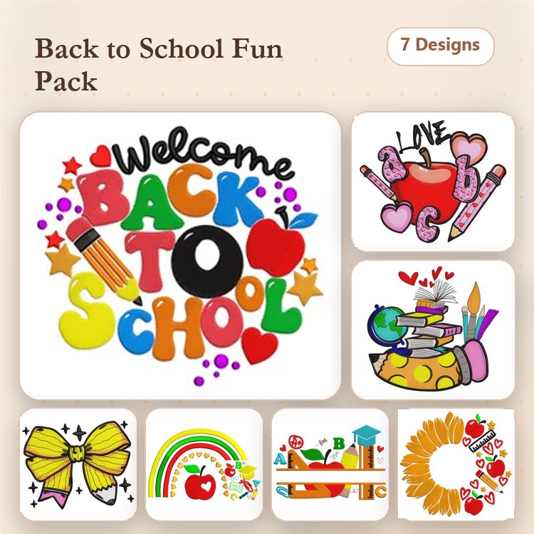 Back to School Embroidery Designs Bundle – Welcome Back to School, Love Pencil, Crayons and Apples & More (7 Designs)