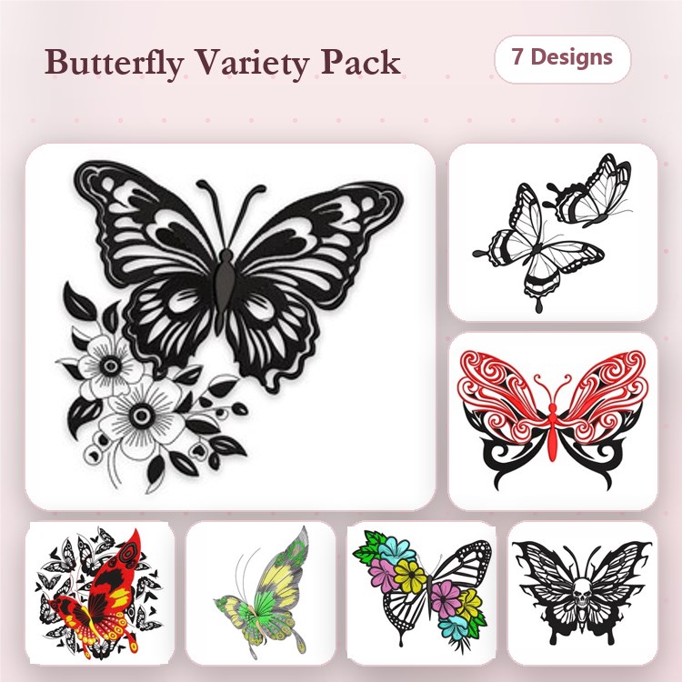 Butterfly Embroidery Designs Bundle – Butterfly with Flowers, Black and White Butterfly, Colorful Butterfly & More (7 Designs)