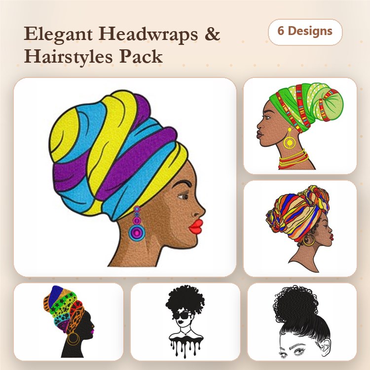 Elegant Headwraps & Hairstyles Embroidery Designs Bundle – Colorful Headwrap with Earrings, Yellow and Purple Headwrap & More (6 Designs)