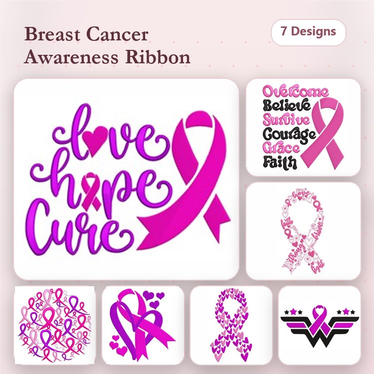 Breast Cancer Awareness Ribbons Embroidery Designs Bundle – Love Hope Cure, Heart with Awareness Ribbon, Floral Breast Cancer Ribbon & More (7 Designs)
