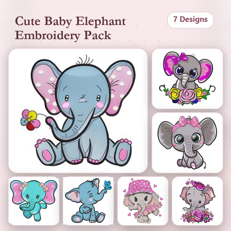 Cute Baby Elephants Embroidery Designs Bundle – Baby Elephant with Flower, Baby Elephant with Bow, & More (7 Designs)